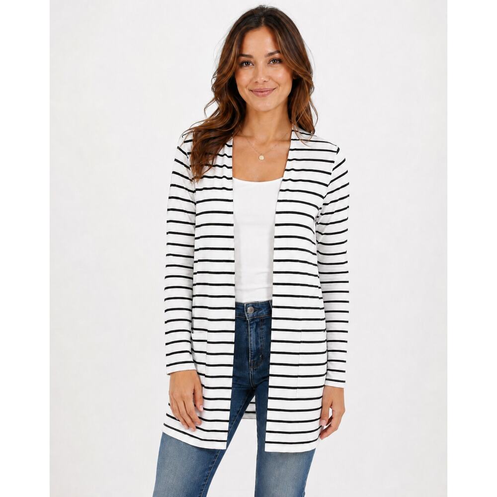 Chico's Women's Ultimate Top Striped Cardigan Size 1(M) Open Pockets Lightweight